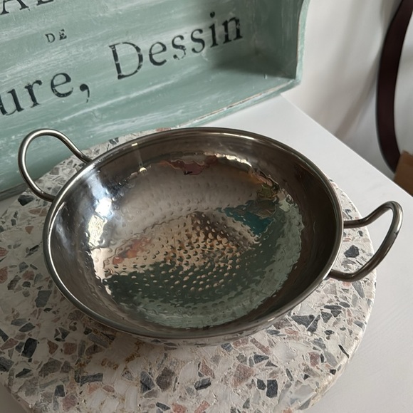 Stainless Steel Wok Like Hammered Serving Bowl with Handles - Picture 2 of 5